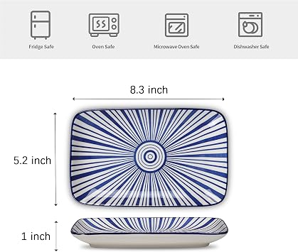 Selamica Ceramic Rectangular Salad Plates Set of 4, Small Serving Plates for Appetizers, Sushi, Fruit, Assorted Colors