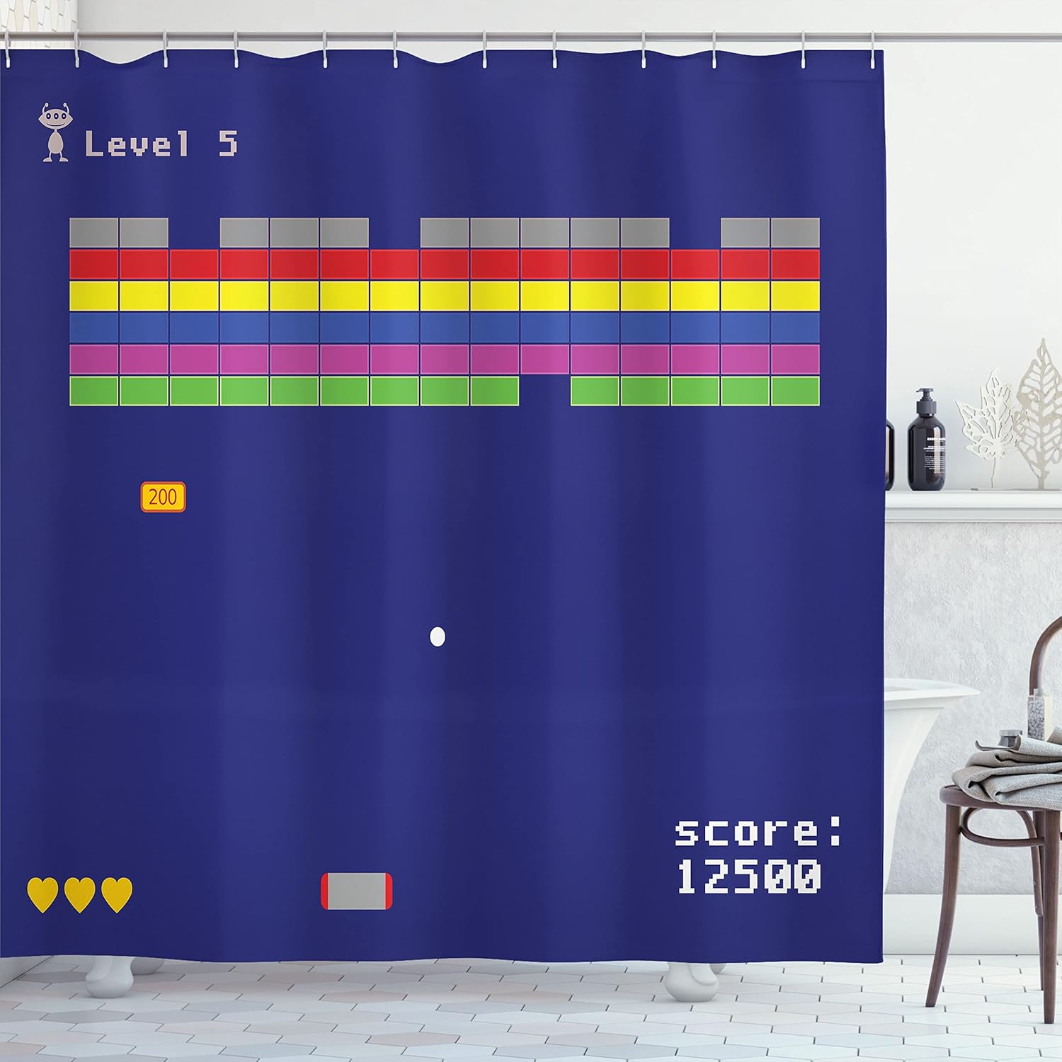 Ambesonne Vintage Shower Curtain, Playful Arcade Design with Colorful Square Shapes Super Mario Funny Modern Graphic, Cloth Fabric Bathroom Decor Set with Hooks, 69" W x 75" L, Indigo