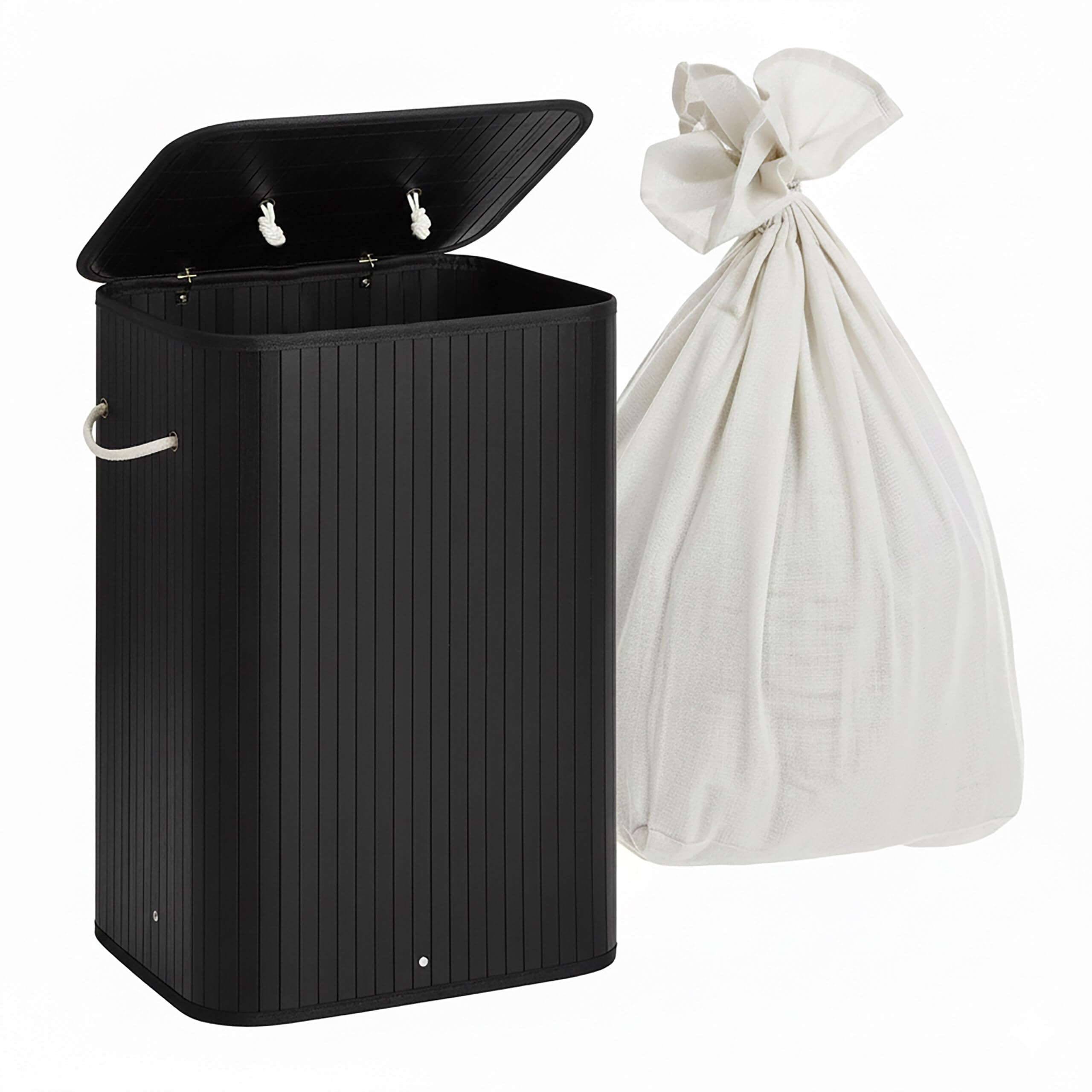 Relaxdays Bamboo Laundry Basket with Lid, Foldable, 80L, 60x40x30cm, Black
