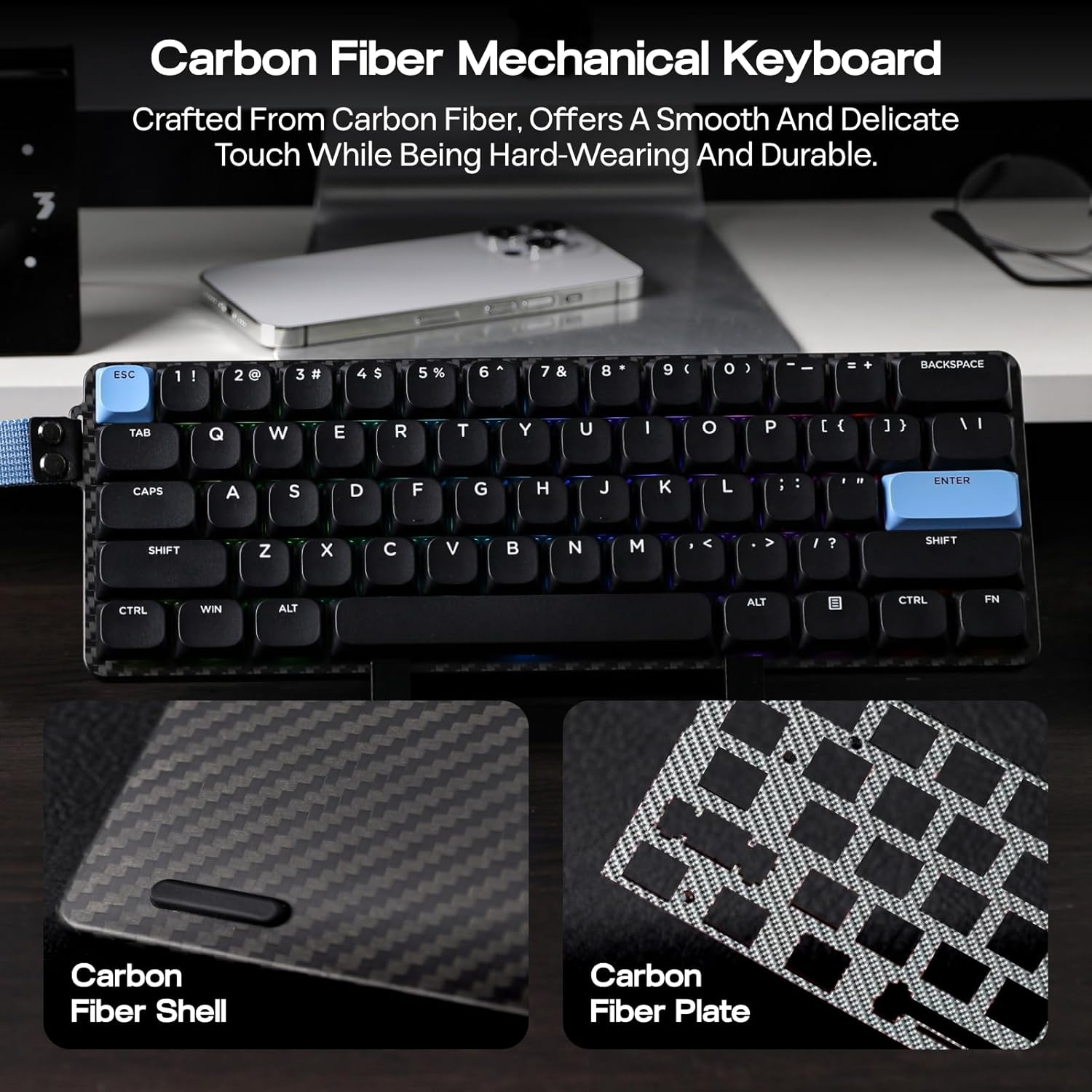 EPOMAKER Carbon60 QMK/VIA Wireless Mechanical Keyboard, 60% Compact Layout, Tri-Mode BT/2.4GHz/USB-C, Carbon Fiber Design, Hot Swappable (Gateron Low-Profile Brown Switch)