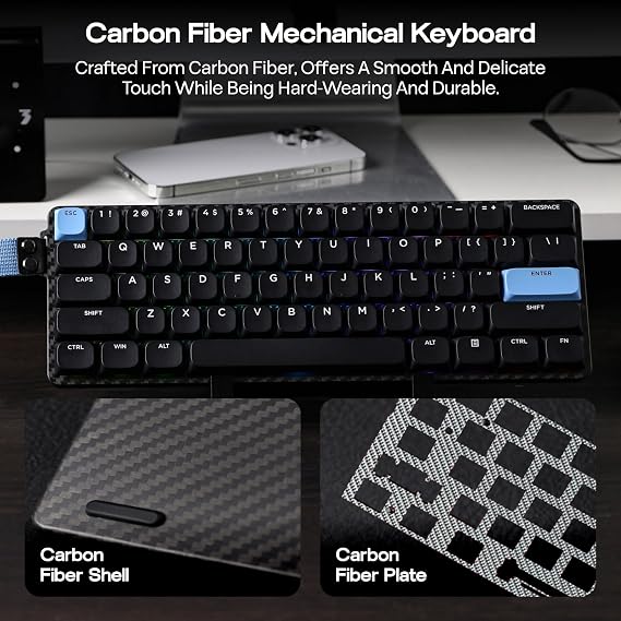 EPOMAKER Carbon60 QMK/VIA Wireless Mechanical Keyboard, 60% Compact Layout, Tri-Mode BT/2.4GHz/USB-C, Carbon Fiber Design, Hot Swappable (Gateron Low-Profile Brown Switch)
