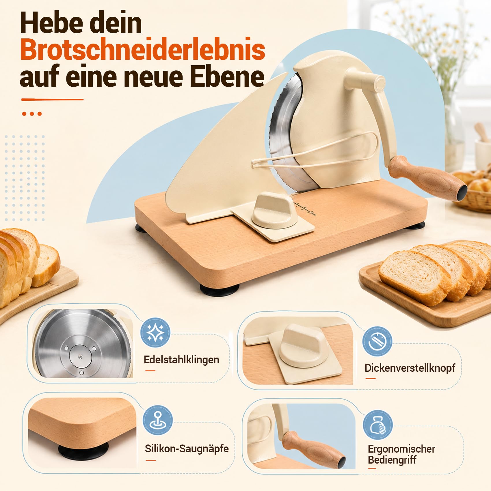 Brotschneidemaschine Manuelle mit Handkurbel | einstellbarer Scheibendicke 0–20mm | Edelstahlklinge mit Wellenschliff | rutschfeste Saugnäpfe | Für Sauerteig, Roggen, Toast & Baguette