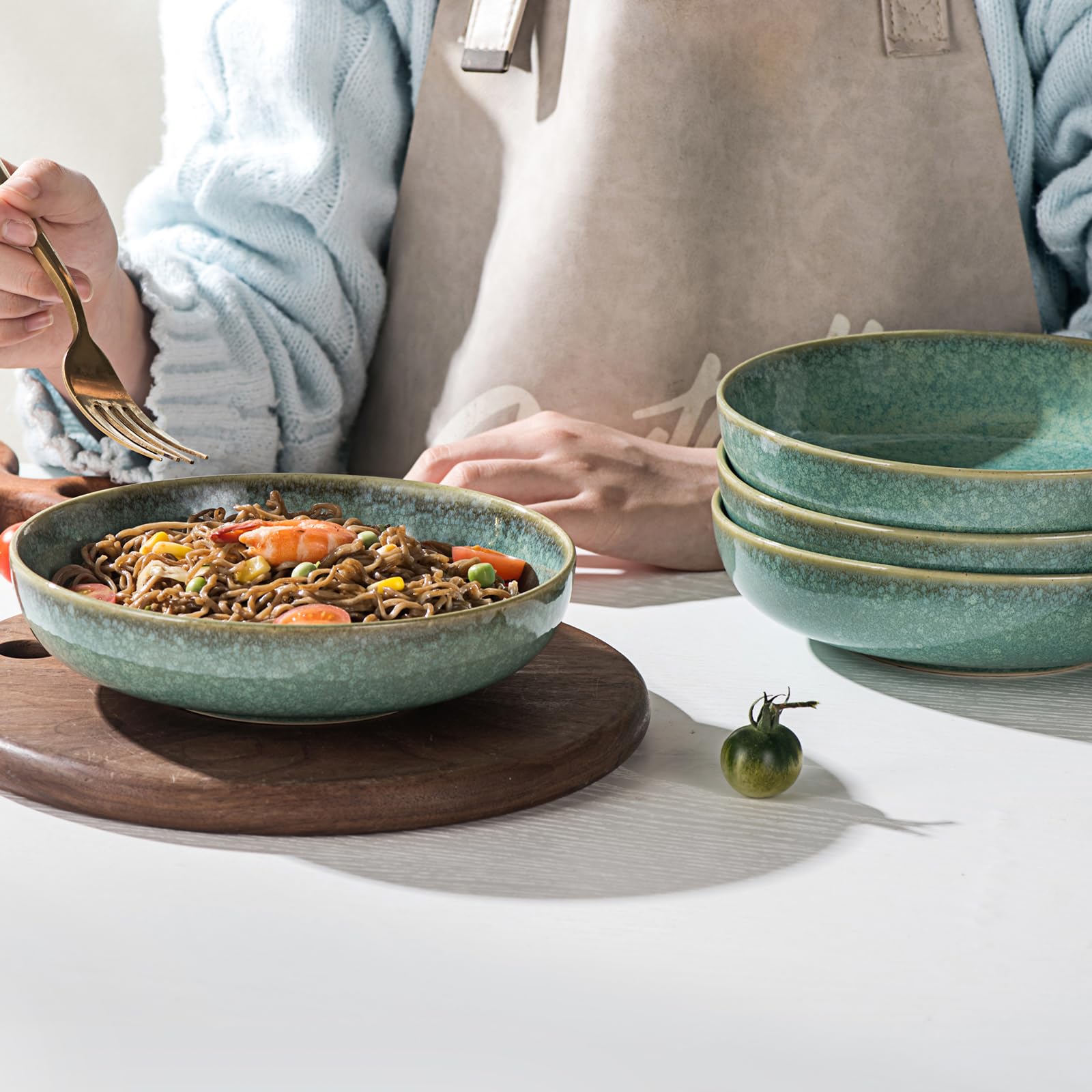 HENXFEN LEAD ciotole per pasta, 740ml ciotole per zuppa in ceramica, set di 4 ciotole per insalata in porcellana, verde lucido
