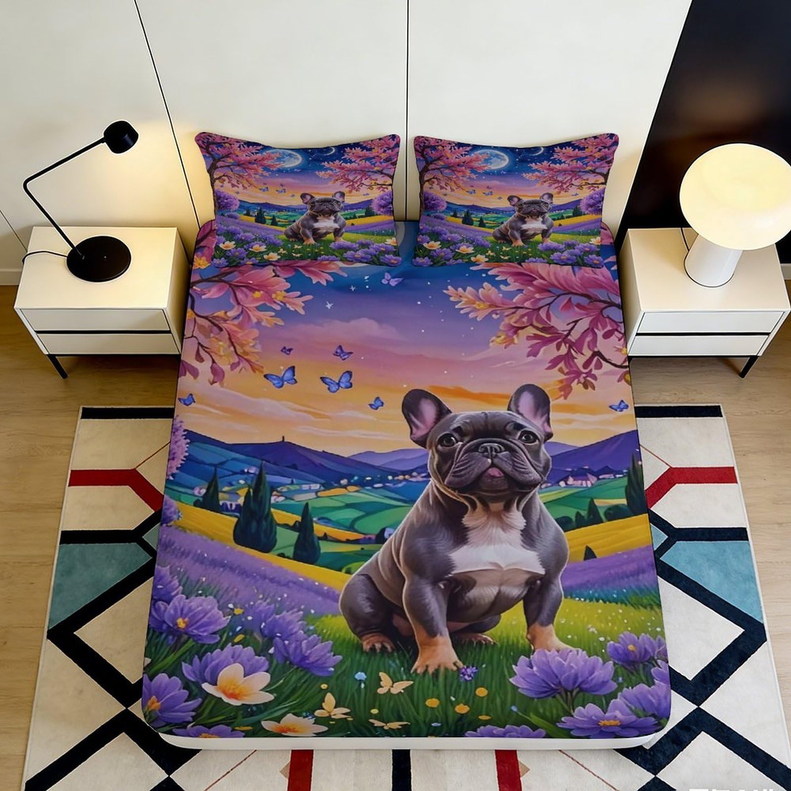 3D Printed French Bulldog Meadow Fitted Sheet Microfiber Soft Washable Lavender Sunset Bed Cover for Bedroom Decor 90x200x25cm