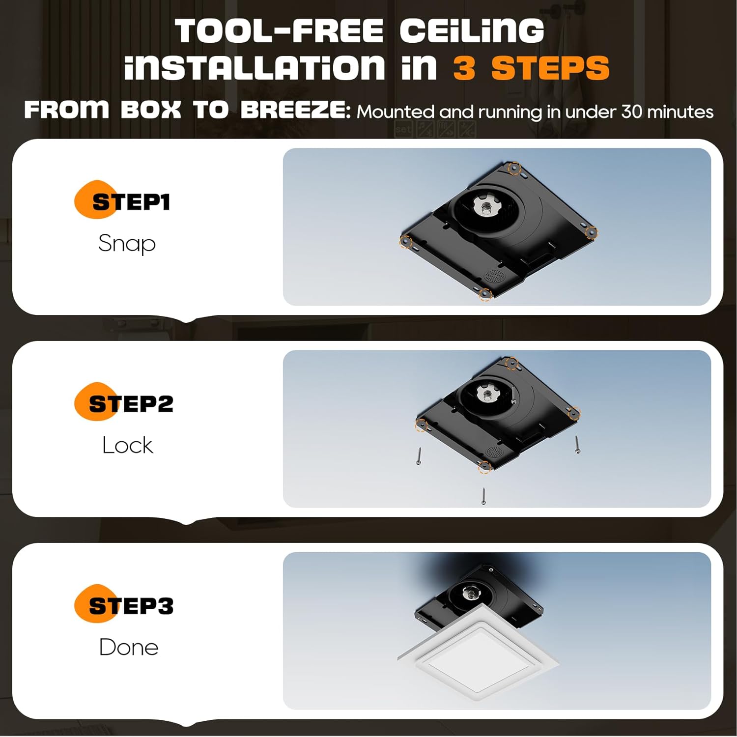 12" Ultra Quiet Bathroom Exhaust Fan with 3500/4500/6500K LED Light, 1.0 Sone 120 CFM, 10x10 Mount, 1500 LM Ceiling Ventilation Fan, Energy Efficient