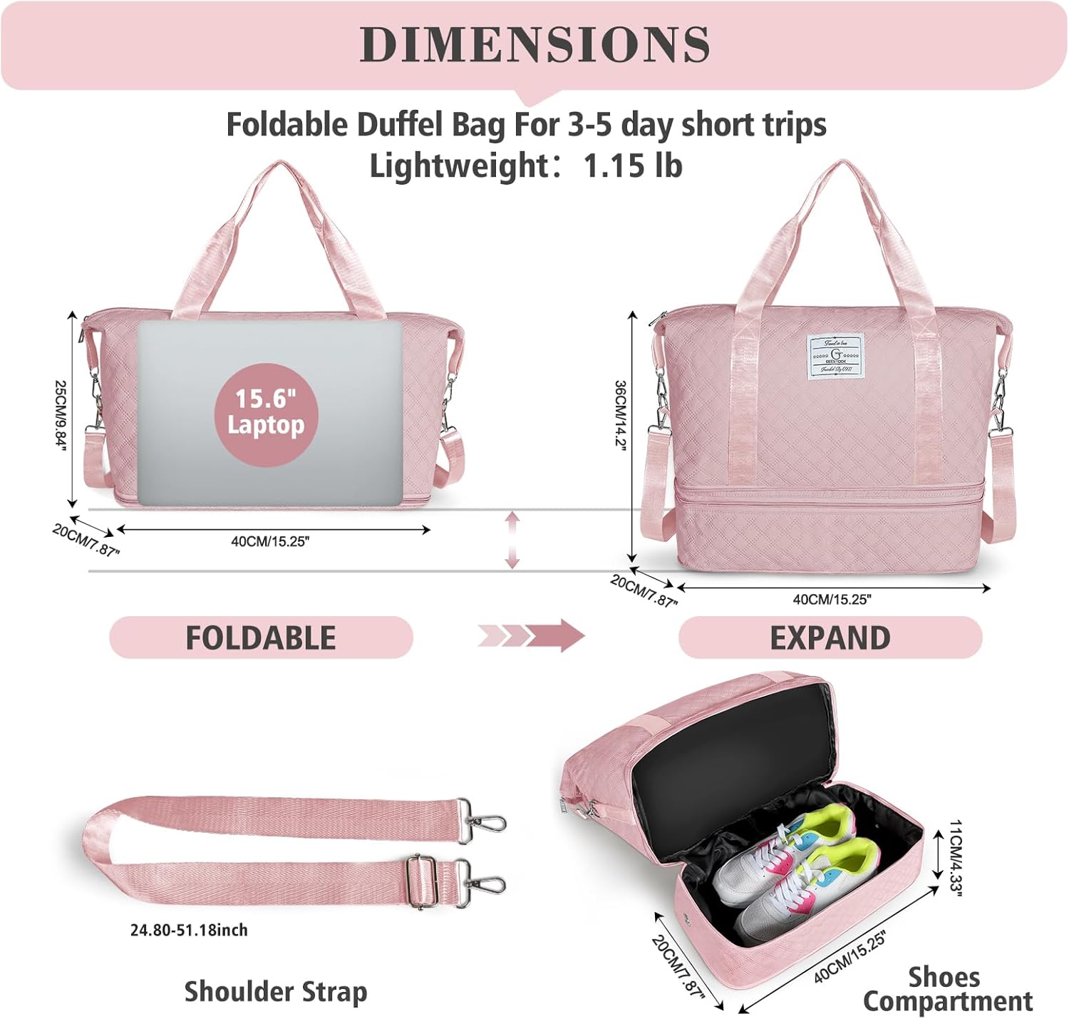Geestock Weekender Bag with Shoe Compartment for Women, Expandable Overnight Duffle Bag, Carry On Personal Item Bag for Travel, Gym, Hospital, Included Storage Pouch & Adjustable Straps, Pink - Image 2
