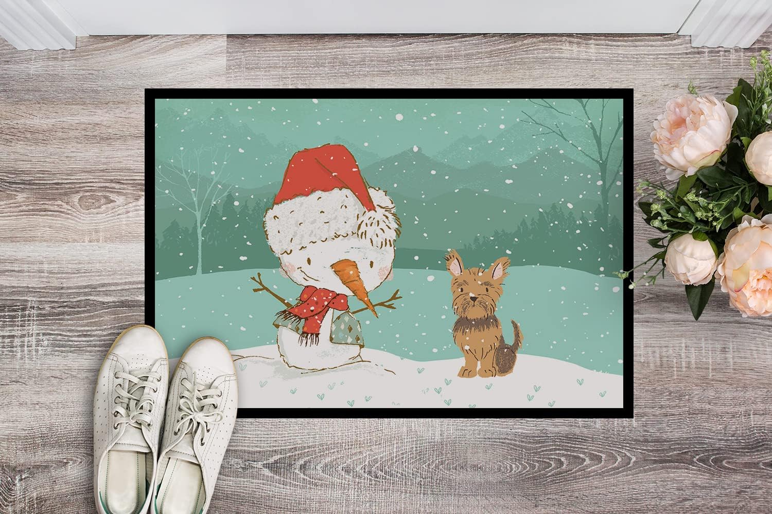 Caroline's Treasures CK2098JMAT Yorkie Cropped Ears Snowman Christmas Doormat 24x36 Front Door Mat Indoor Outdoor Rugs for Entryway, Non Slip Washable Low Pile, 24H X 36W