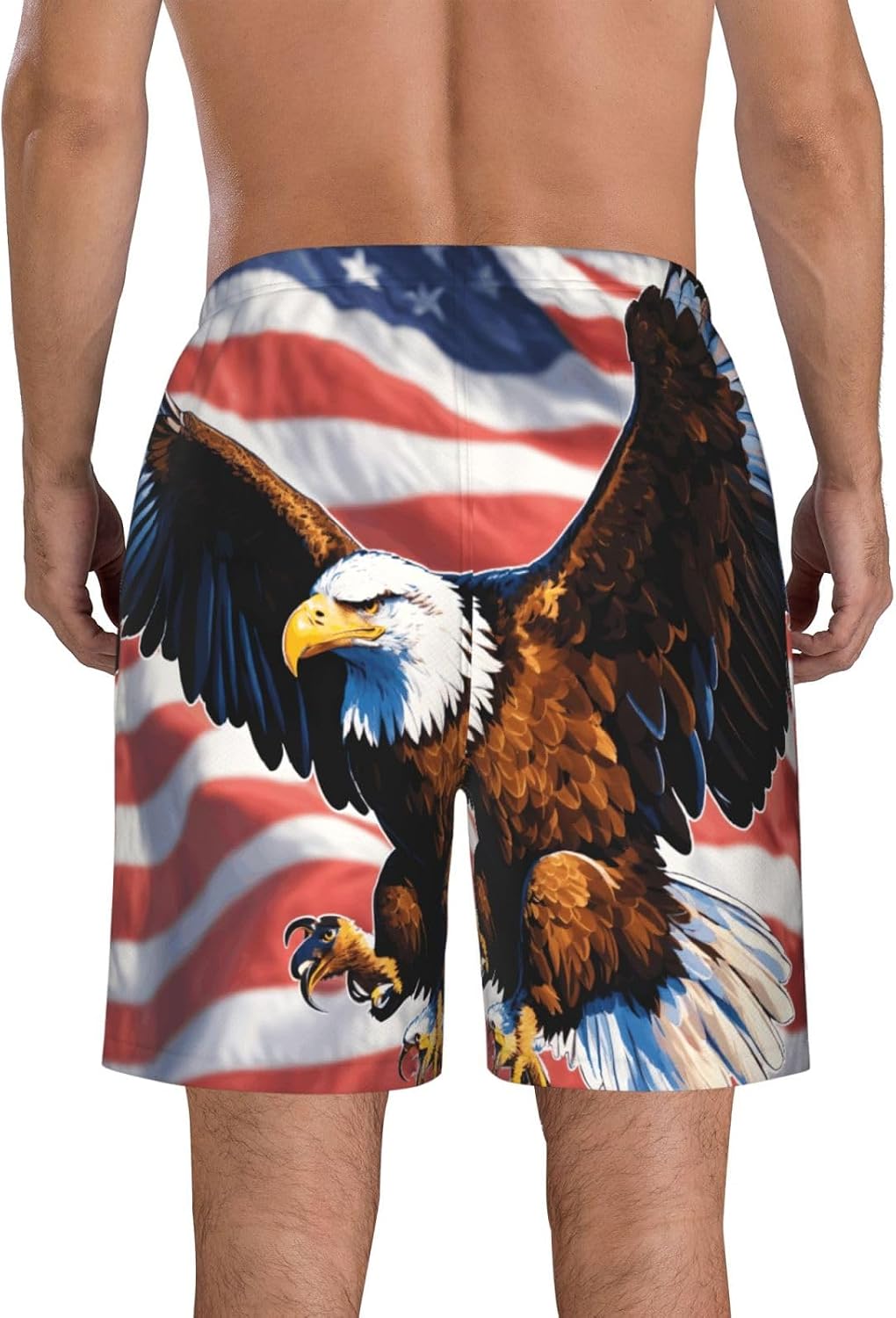 Eagle with USA Flag Print Men's Hawaiian Beach Shorts Elastic Novelty Summer Casual Shorts with Pocket