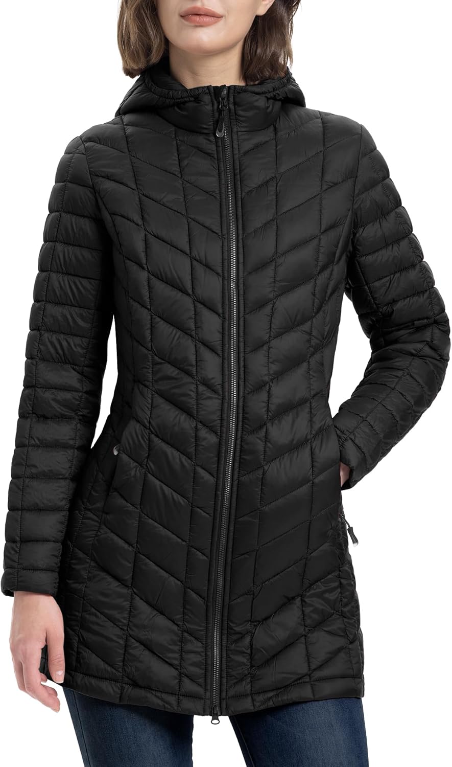 33,000ft Women’s Long Puffer Jacket with Hood, Lightweight Warm Puffy Quilted Winter Coats
