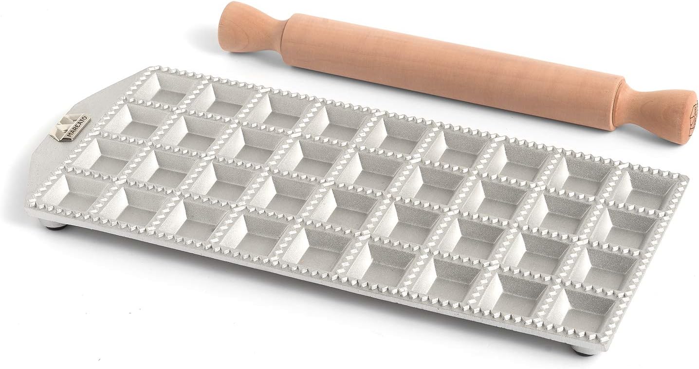 Ravioli Maker Press, Ravioli Machine, Homemade Ravioli Cutter, 35 mm Square Cut, Space for Generous Filling, Wooden Rolling Pin Included, Made in Italy