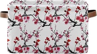 Oyihfvs Seamless Pattern with Red Pink Cherry Blossoms Flowers on White 1 PC Rectangle Storage Basket Collapsible Fabric with Leather Handles Bag Organizer Clothes for Home Bedroom 15 x 11 x 9.5 in