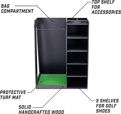 Miniatura 9 de GoSports Organizador de bolsas de golf de madera premium y estante de almacenamiento, acabado negro, blanco o marrón