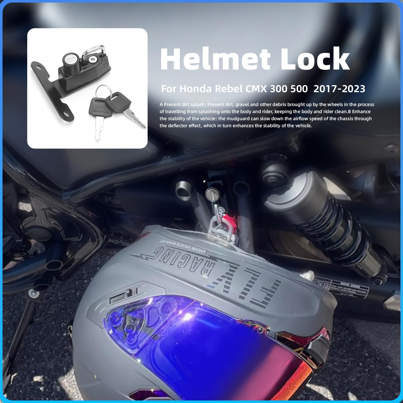 Verrou antivol pour casque de moto Honda Rebel CMX 300 500 2017-2023 avec 2 clés - Noir