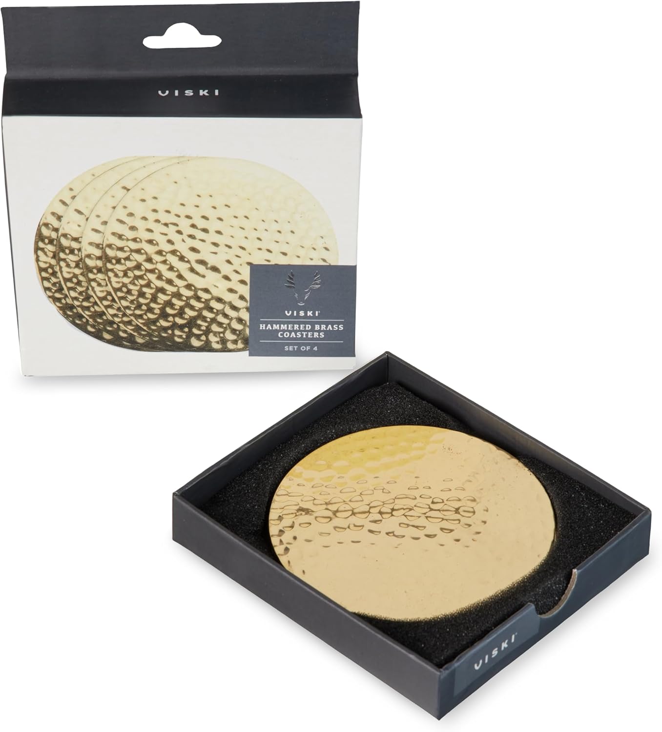 Viski Hammered Brass Coasters, Round Coasters, Brass with Velvet Backing, Protect Tables and Surfaces, Gold, Set of 4