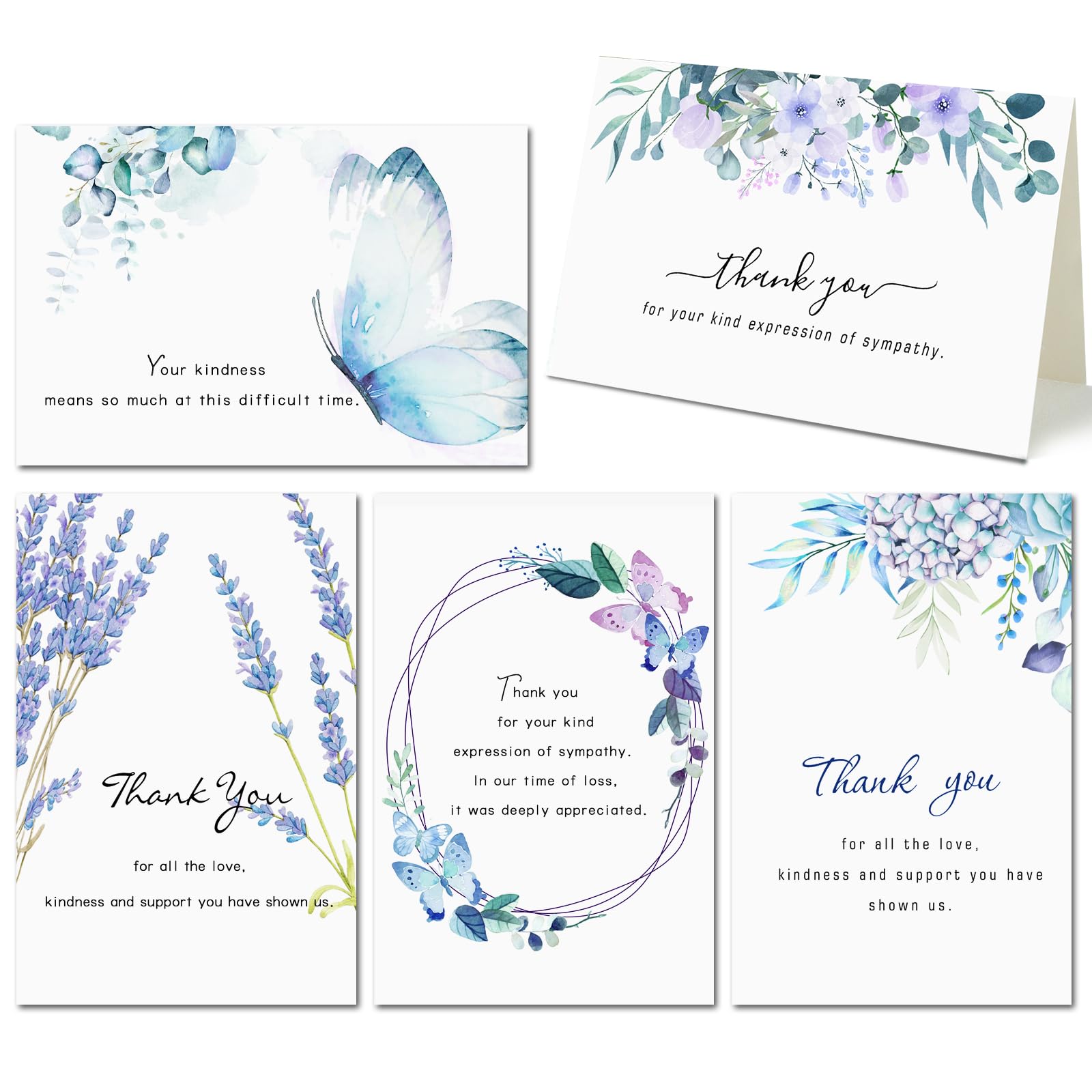 Hunanyume 50 Pack Funeral Thank You Cards with Envelopes, Stickers & Message Inside, 4×6 in Watercolor Flowers Butterflies Bereavement Sympathy Thank You Cards for Funeral Family Friends Loved Ones