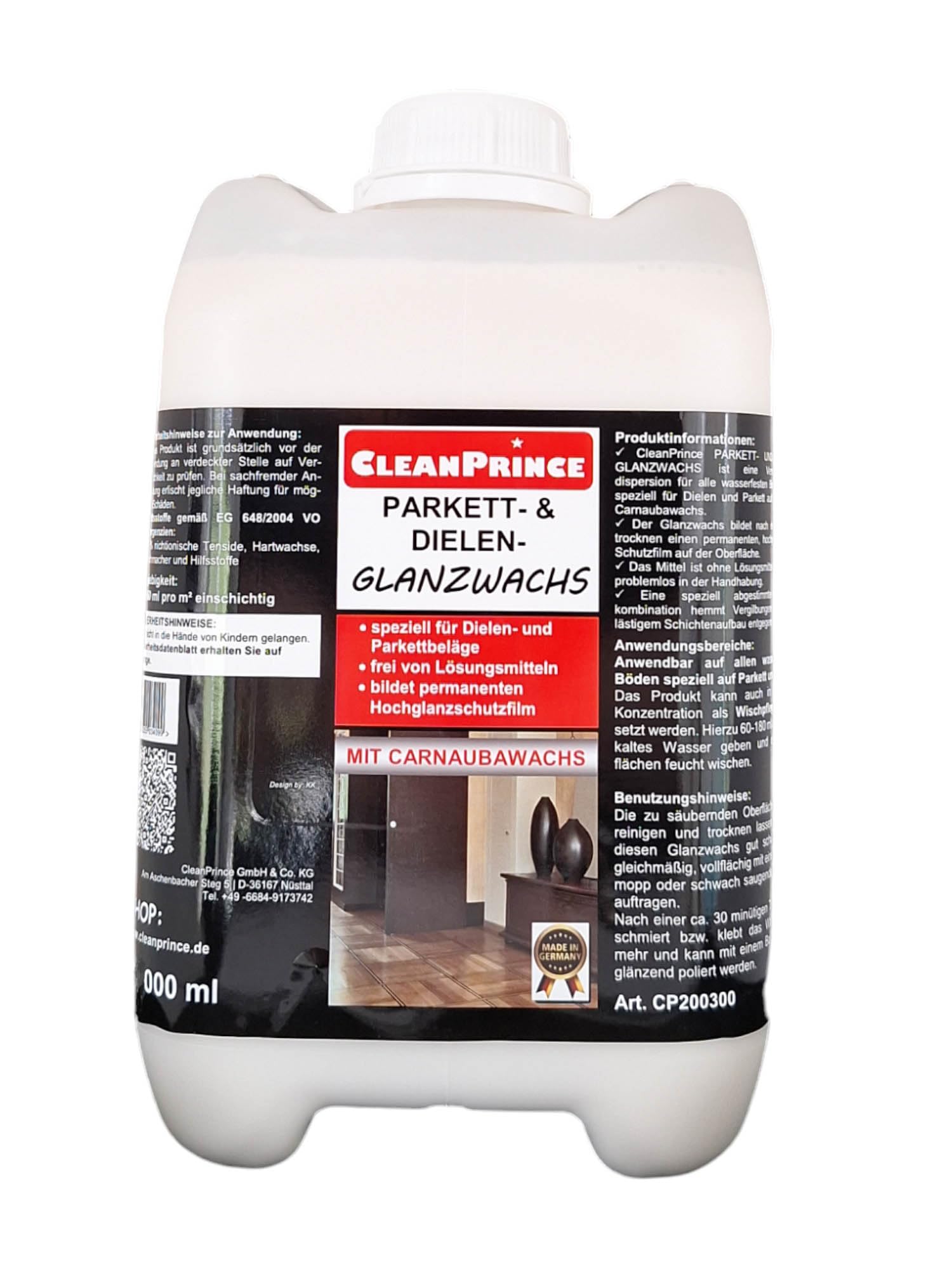 5 Litros Garrafa CleanPrince limpiador para Parquet y Entarimados Cera de brillo para Suelo Brillante Sellado a Prueba de Agua Parquet, sin Solvente, también ideal como Cuidado Limpiador en Menor Concentración, Película protectora, Pulimento Brillo, Deter
