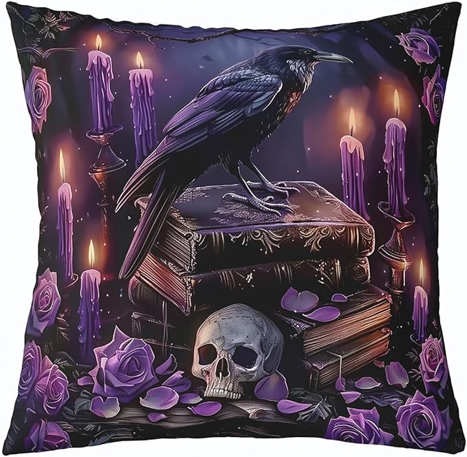 Erosebridal Crow Throw Pillow Cover 22x22 Inch Sugar Skull Cushion Cover for Skeleton Purple Flowers Gothic Rosy Floral Romantic Candle Cushion Case Halloween Adults Decorative Pillowcase