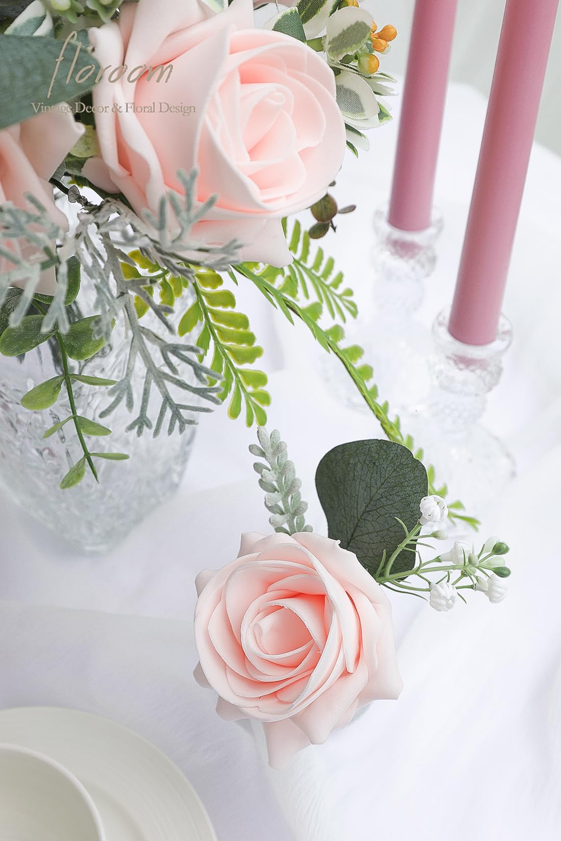 Floroom 50pcs Real-Looking Foam Roses - Blush Pink Artificial Flowers With Stems For DIY Wedding & Home Decor