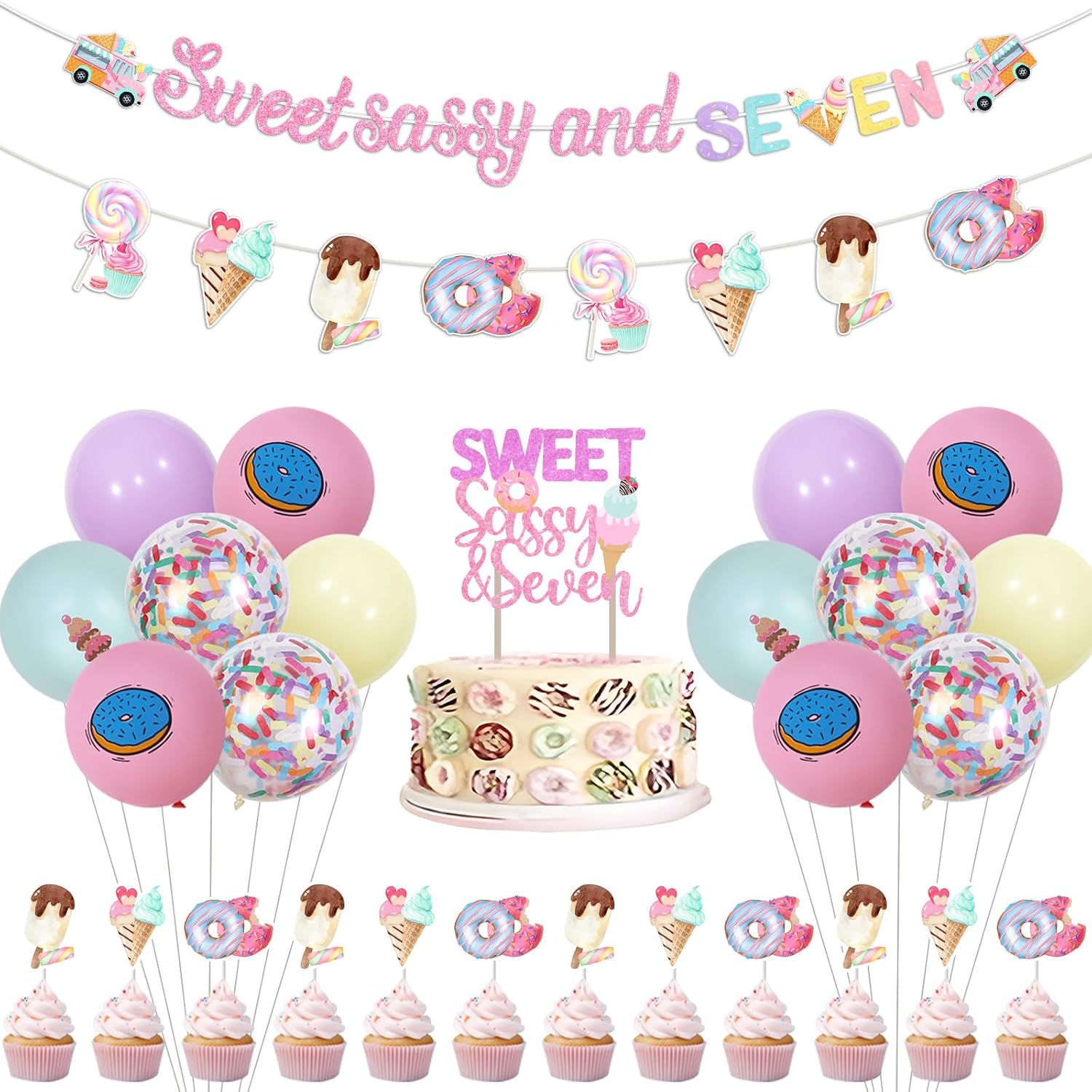 Donut 7th Birthday Party Decoration Sweet Sassy and Seven Decoration Banner Cake Toppers Doughnut Theme Garland Pastel Donut 7th Birthday Sweet Dessert Balloons for Ice Cream Bday