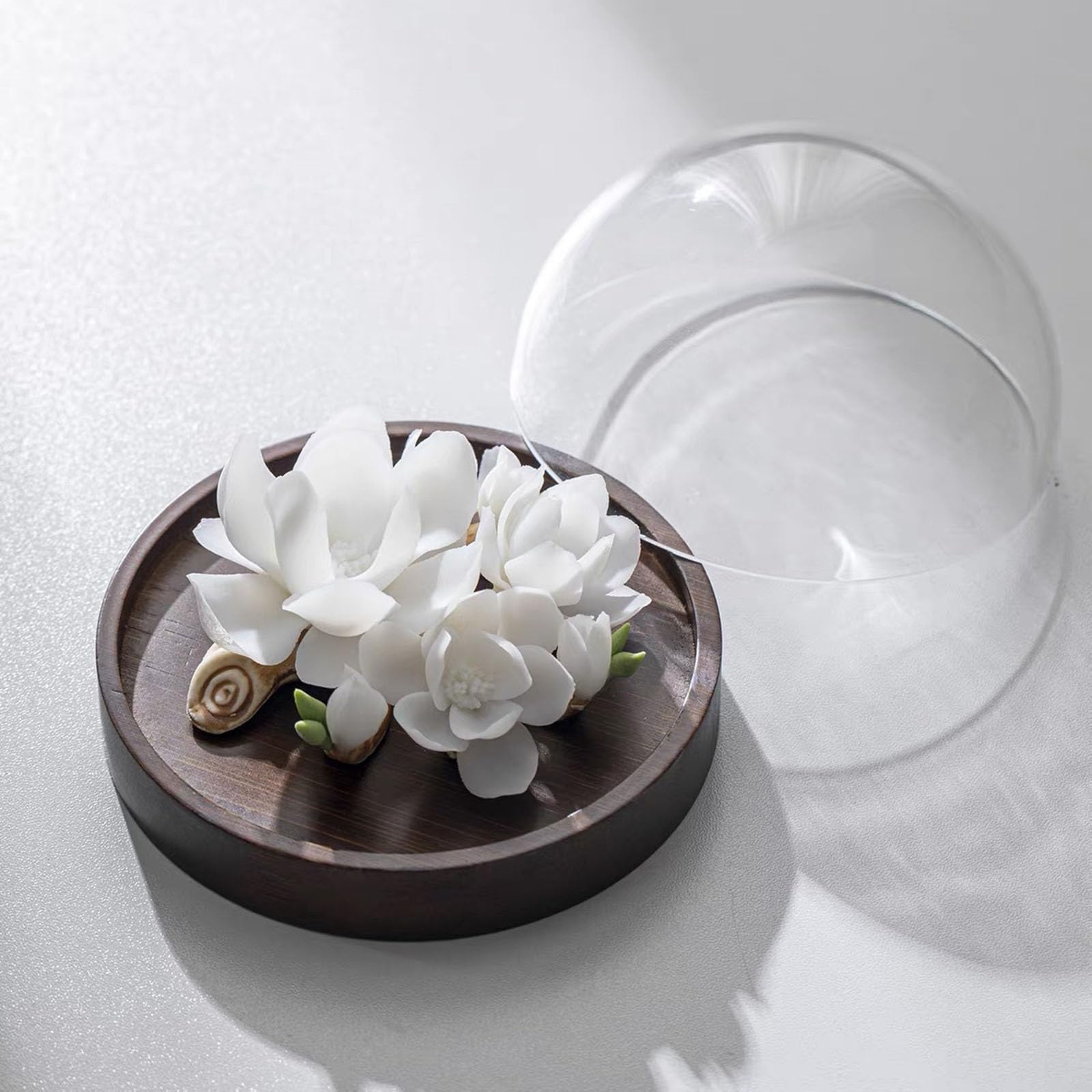 Kwiat Magnolii Ceramiczny Mini Dyfuzor Olejków Eterycznych, Drewniana Paleta | Ręcznie Wykonany Kwiatowy Ceramiczny Nieelektryczny Pasywny Dyfuzor Aromaterapeutyczny,White,13cm | 1