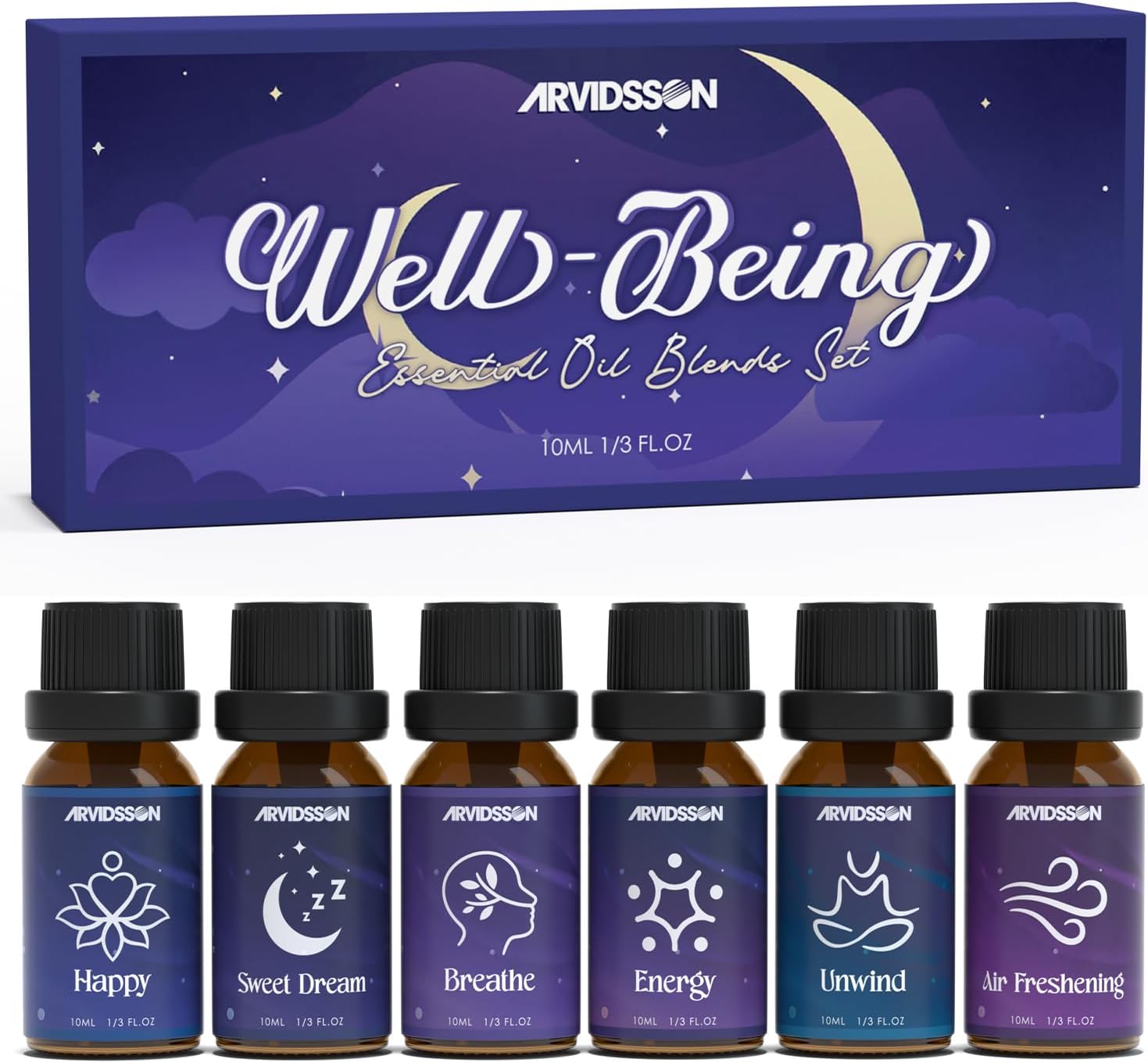 Essential Oil Blends Set, ARVIDSSON Natural Essential Oils for Diffusers, Well-Being Gift Set – Sweet Dreams, Happy, Unwind and More, Aromatherapy Diffuser Oils for Home