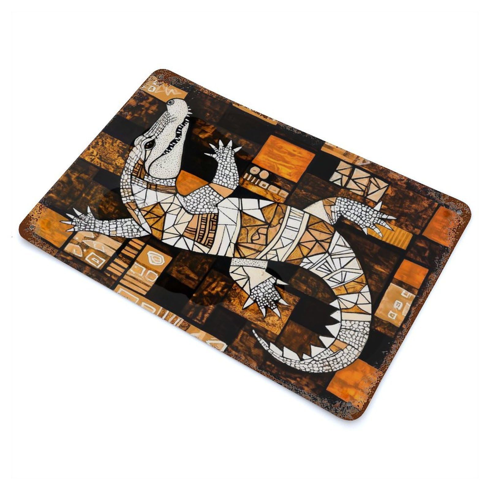 African Alligator Art Distressed Metal Wall Sign 11.8"x7.9", Ideal for Garage, Bar And Workshop Decor