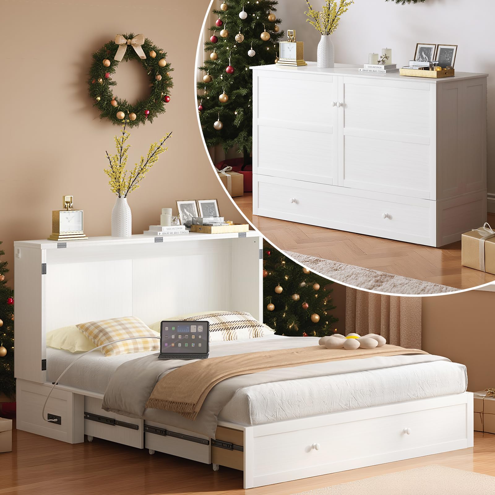 PUREMIND Adult Murphy Bed with Mattress Included, Queen Murphy Cabinet Bed with Storage Drawers and Charging Station, Hideaway Murphy Chest Beds