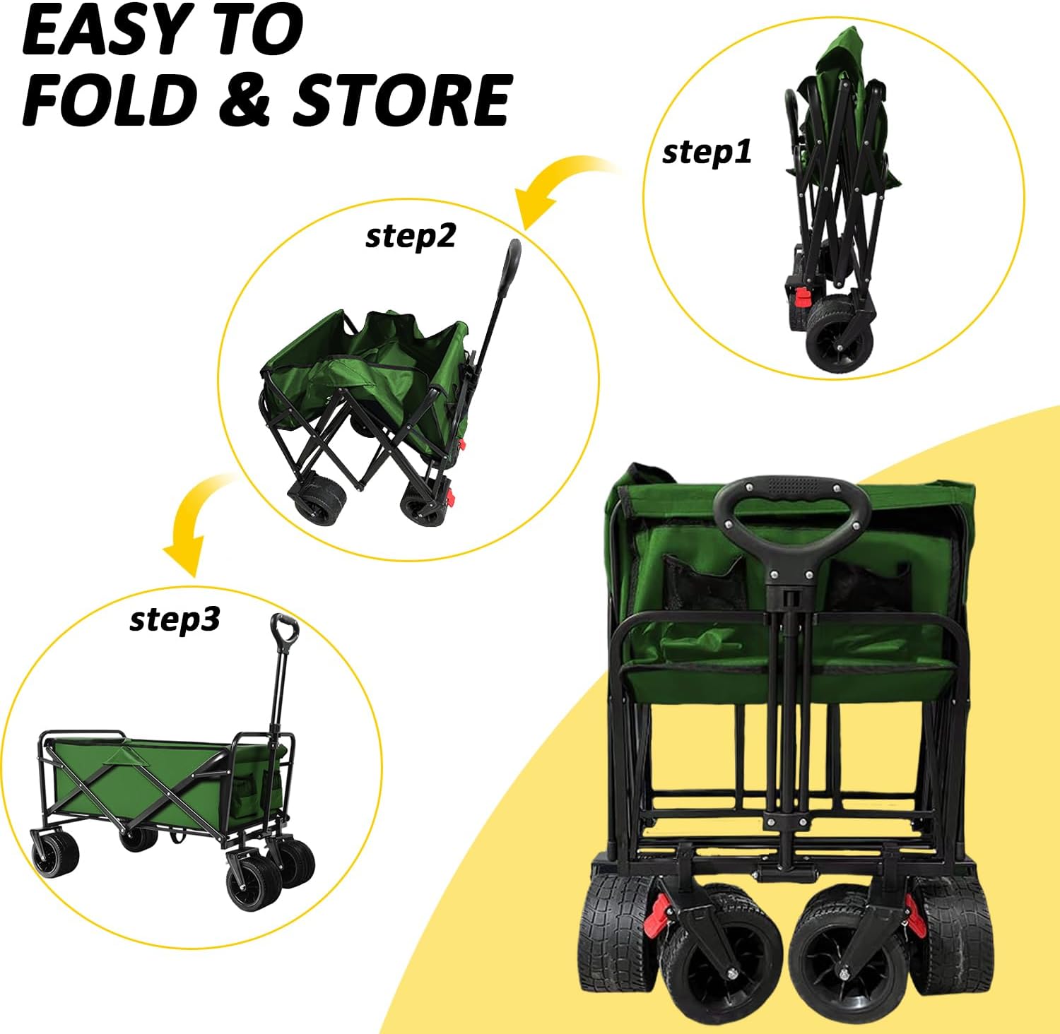Foldable Wagon Cart, 300lbs Folding Utility Cart with All-Terrain Wheels, Collapsible Wagon for Gardening, Camping, Beach, Outdoor Use, Green