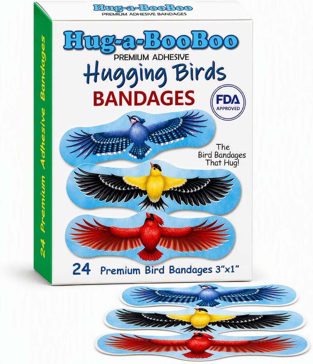 Hugging Birds - Premium Adhesive Bird Bandages from Hug-a-BooBoo, The Bird Bandages that Hug! Pretty Colorful Birds - American Goldfinch, Blue Jay, Red Cardinal, Indian Parrot 24 Ct Box