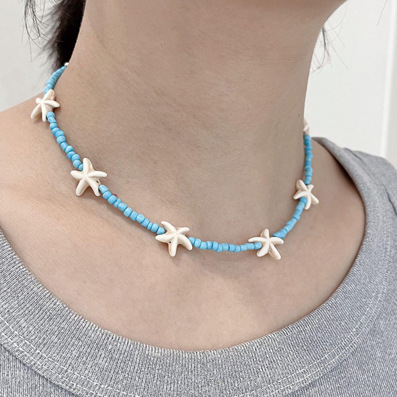 Elegante gargantilla con cuentas de turquesas, collar con colgante de estrella de mar, cadena para el cuello de longitud ajustable para mujer inspirada