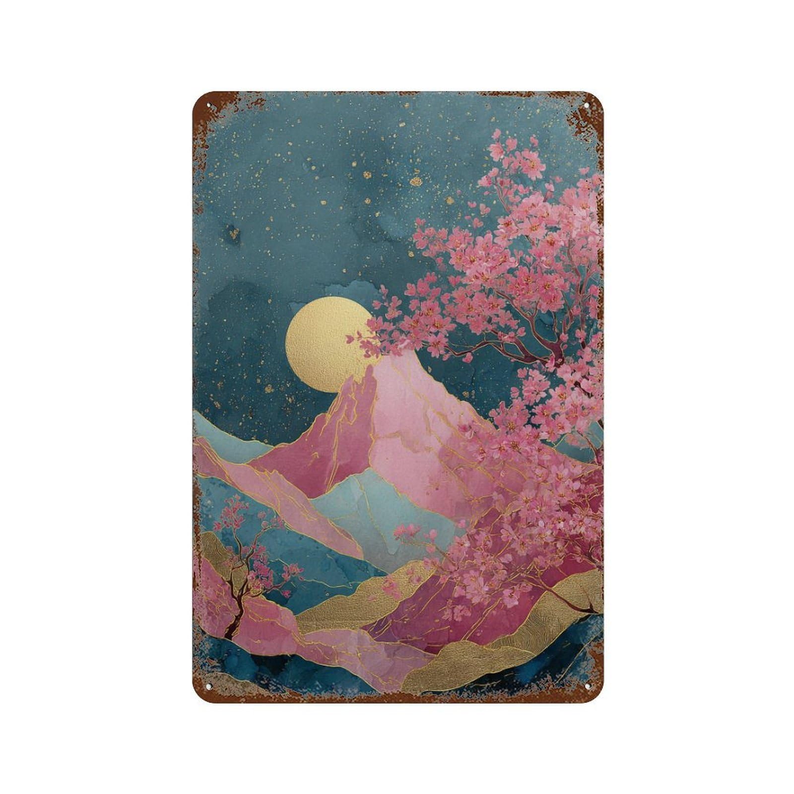Cherry Blossom Moonlit Mountains Retro Metal Sign 11.8"x7.9", Farmhouse Wall Decor for Garage, Pub Or Kitchen