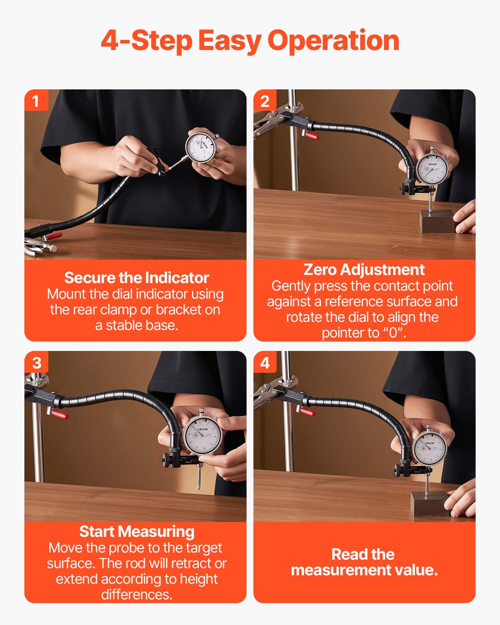 VEVOR Indicateur de test à cadran avec bras flexible 360° et pince de verrouillage 360°, comparateur à cadran, précision 0,03 mm, plage de mesure de 0 à 25,4 mm, avec étui de rangement, pour usinage