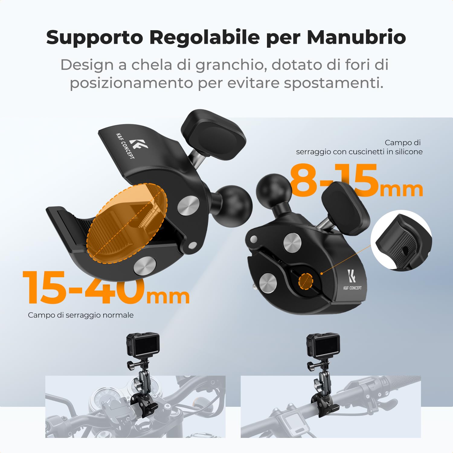 K&F CONCEPT Supporto Action Camera con Super Clamp e Doppia Testa a Sfera 360°, Morsetto per Manubrio Moto e Bici, Compatibile con GoPro Hero 13/12, Insta360 X5/X4, DJI Osmo Action 5/4/3 e Pocket 3