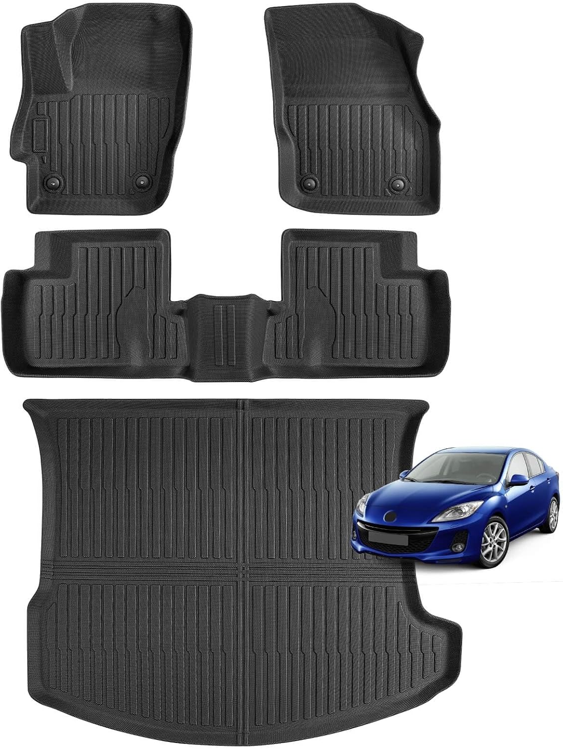 Car Trunk Liner & Floor Mats for Mazda 3 Sedan (Not for Hatchback): 2010 2011 2012 2013 All Weather Full Coverage Protection Floor Liners 1st & 2nd Row +Trunk Mat Full Set Black Accessories (4PCS)