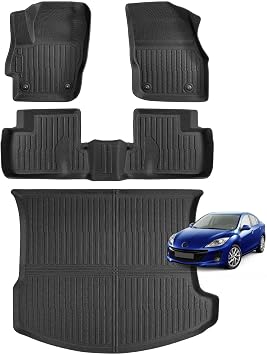 Car Trunk Liner & Floor Mats for Mazda 3 Sedan Not for Hatchback 2010 2011 2012 2013 All Weather Full Coverage Protection Floor Liners 1st & 2nd Row +Trunk Mat Full Set Black Accessories 4PCS