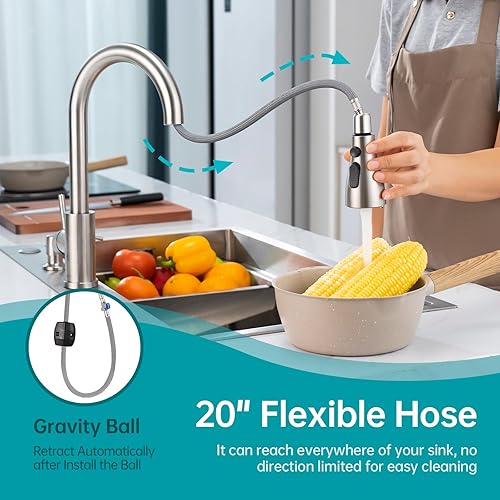 Miniatura 3 de APPASO Grifo de cocina con dispensador de jabón, grifo de fregadero de cocina de acero inoxidable con rociador desplegable 3 modos, grifo moderno de