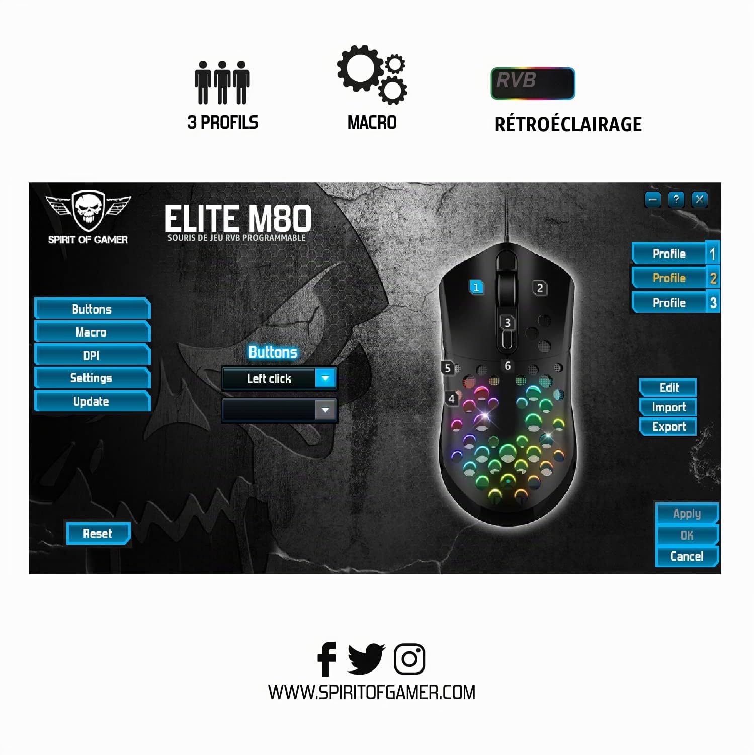 Spirit Of Gamer - ELITE M80 - Souris Gaming RGB ultra-légère - Câble flexible - Capteur optique 4200 DPI - 6 boutons programmables - Coque perforée en nid d'abeille noir - Poids : 68 g
