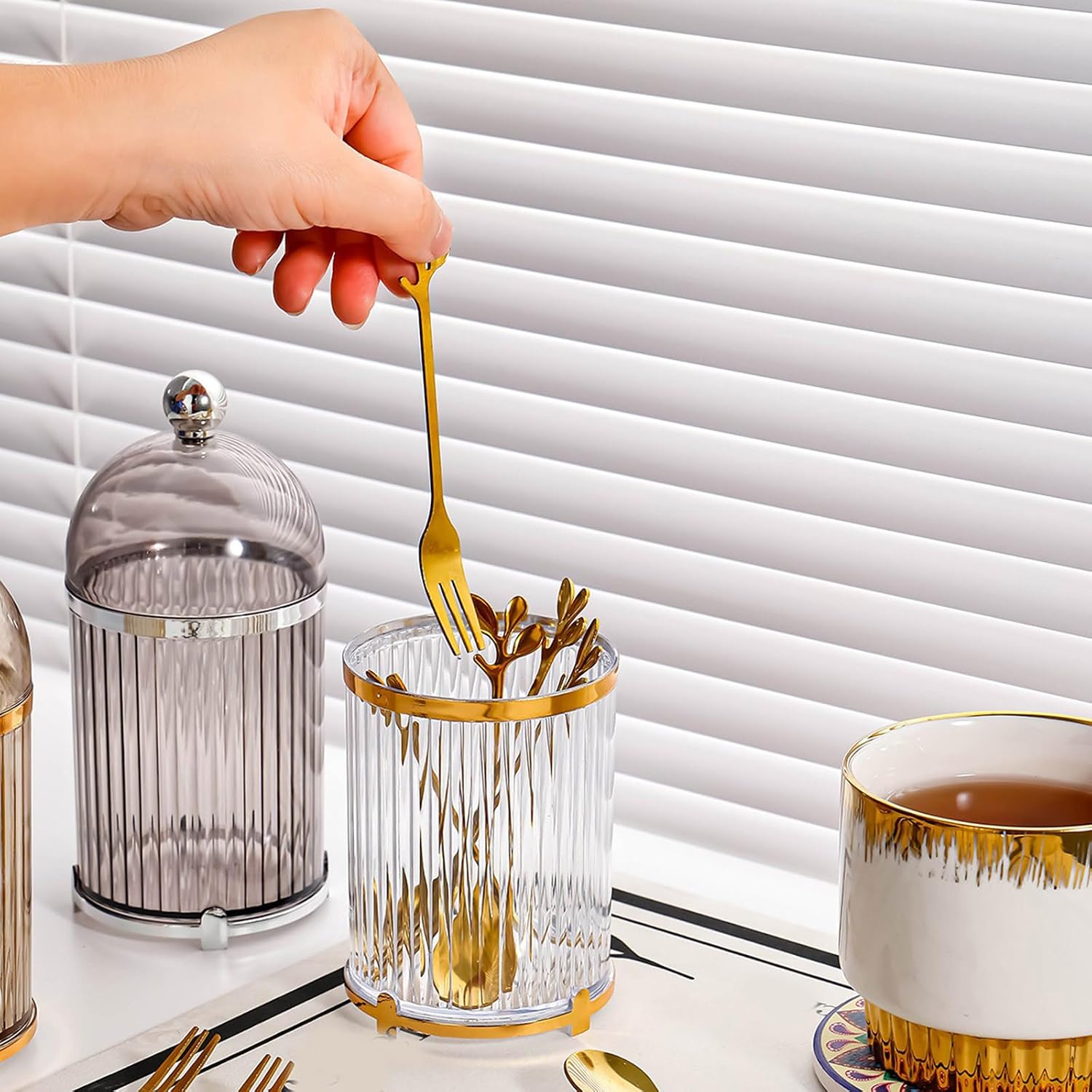 ljhnba Fruit Fork Storage Container Coffee Spoons Holder Cup with Lid Tableware Organiser for Home Kitchen Use Decorative Storage Jar