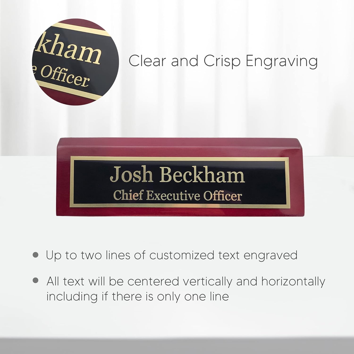Personalized Wood Desk Name Plate for Office with Custom Laser Engraved Piano Finish Desk Wedge in Rosewood Piano Finish (2x8 inches)
