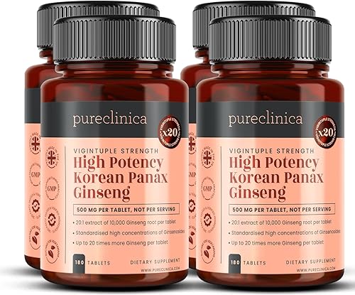 pureclinica Panax Ginseng coreano de alta potencia 10,000 mg x 720 tabletas (4 botellas de 180) - 2 años de suministro
