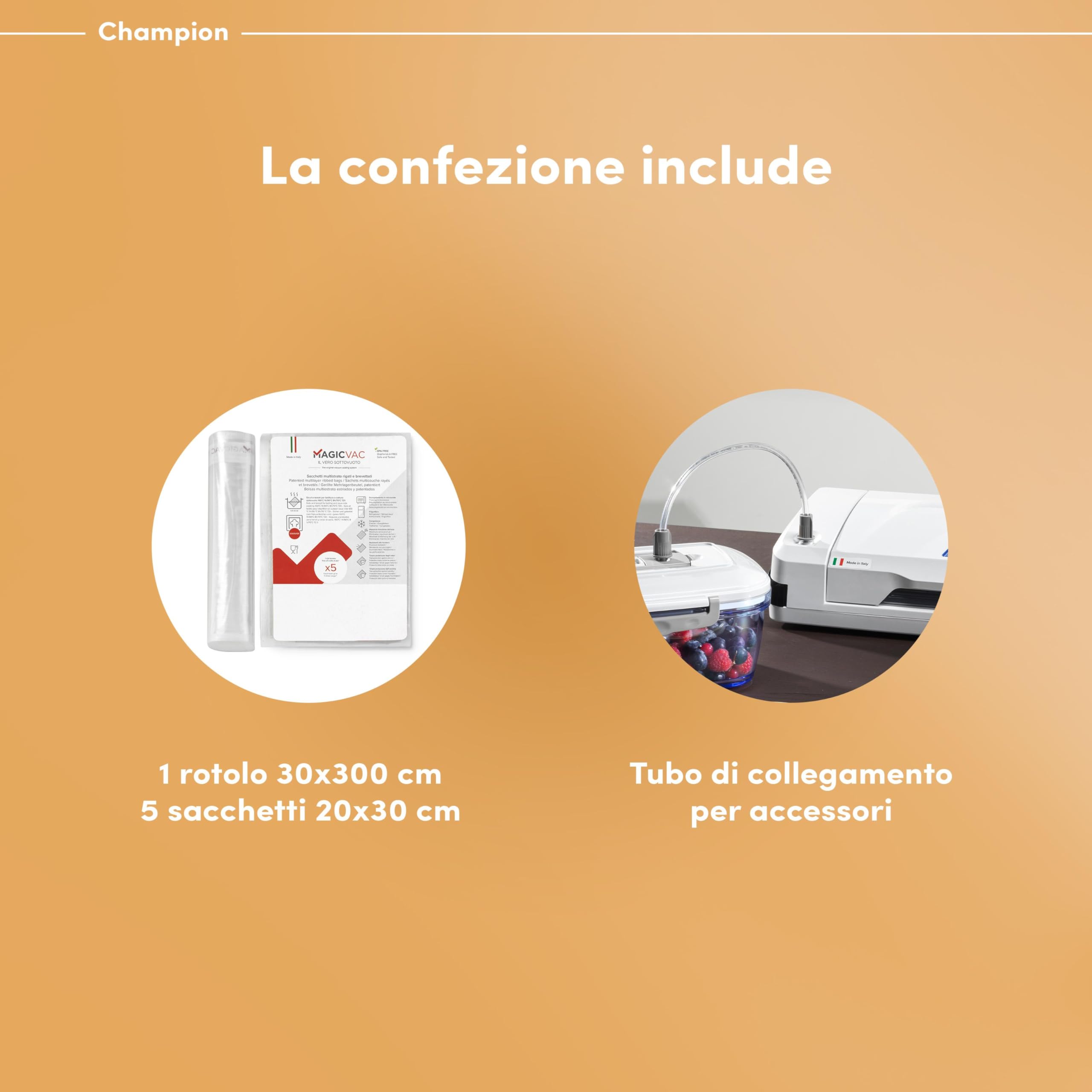 Magic Vac, Champion, Macchina Sottovuoto Alimenti Multifunzione Professionale, per Sacchetti Sottovuoto e Cottura, con Potente Motore e Kit Sottovuoto Alimenti, Brevettata, Made in Italy, Bianca
