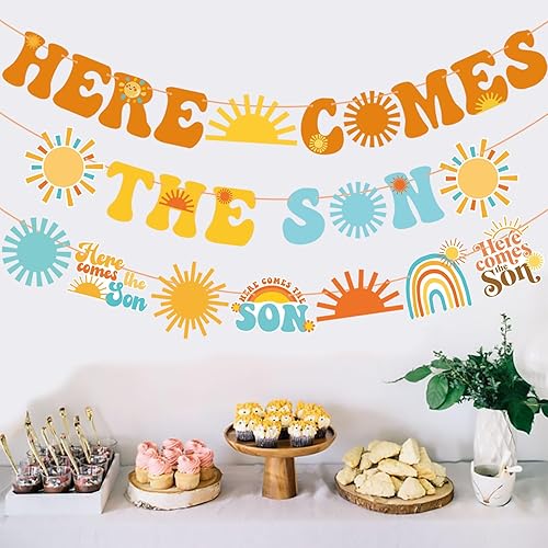 Miniatura 6 de Cartel para baby shower con texto en inglés Here Comes The Son Here Comes The Sun, decoración para baby shower, 3 piezas, decoración de fiesta de