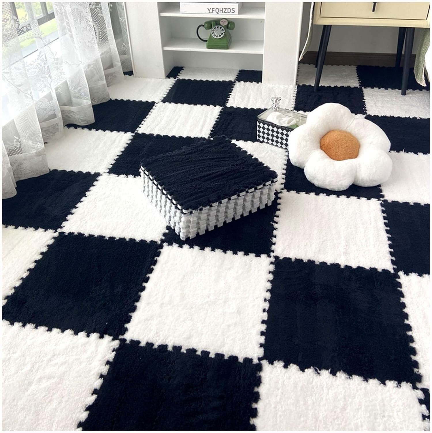 JvFbjLF Soft Plush Interlocking Floor Mats 12x12inch Puzzle Carpet Squares Fluffy Foam Floor Tiles With Border(Black+White)