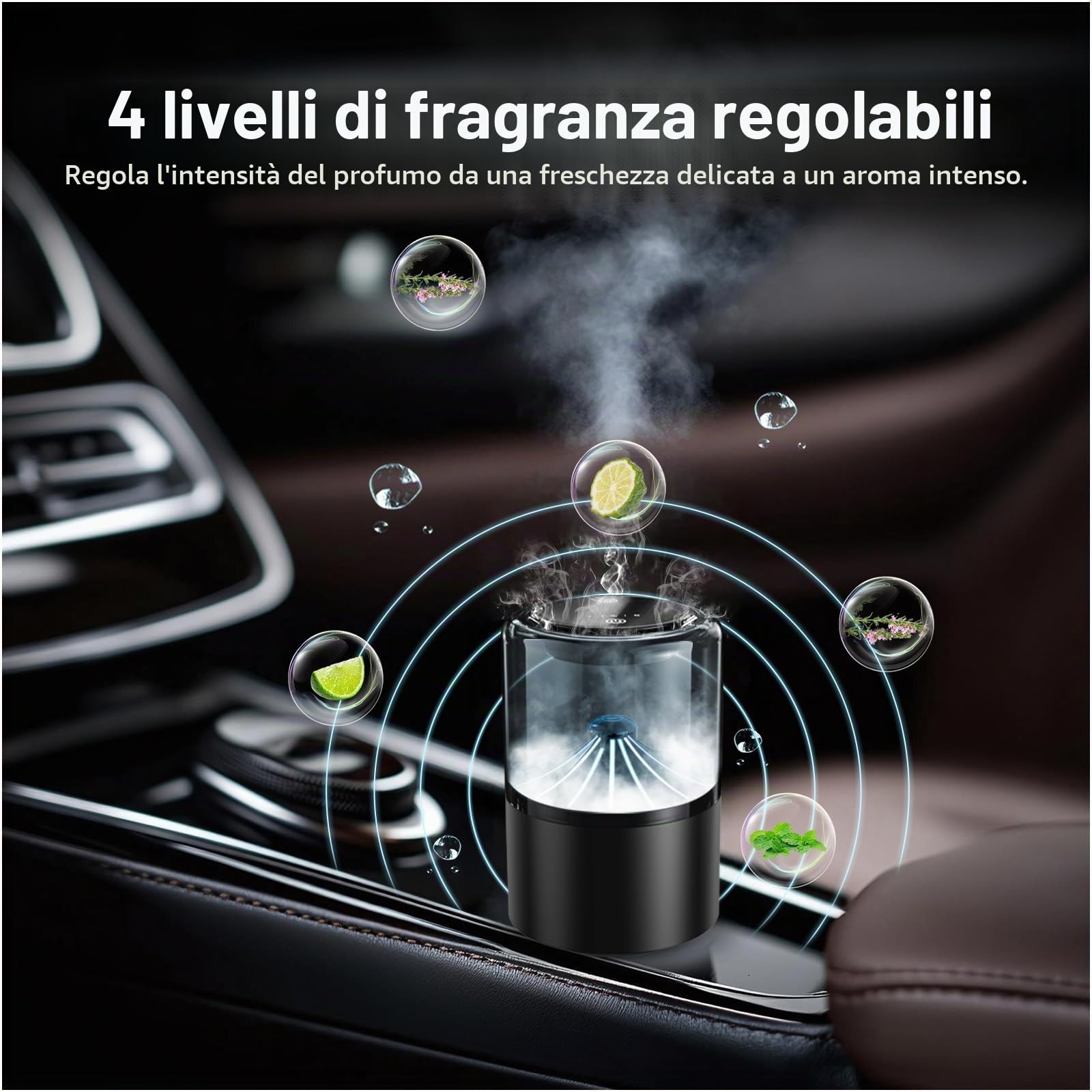 Profumatore Auto Diffusore con Fragranza Blue Ocean di MMOBIEL – Diffusore per Auto con 2 Modalità di Spruzzo, 4 Livelli, Accensione/Spegnimento Automatico e Cavo – USB/Batteria – Senza Fiamma