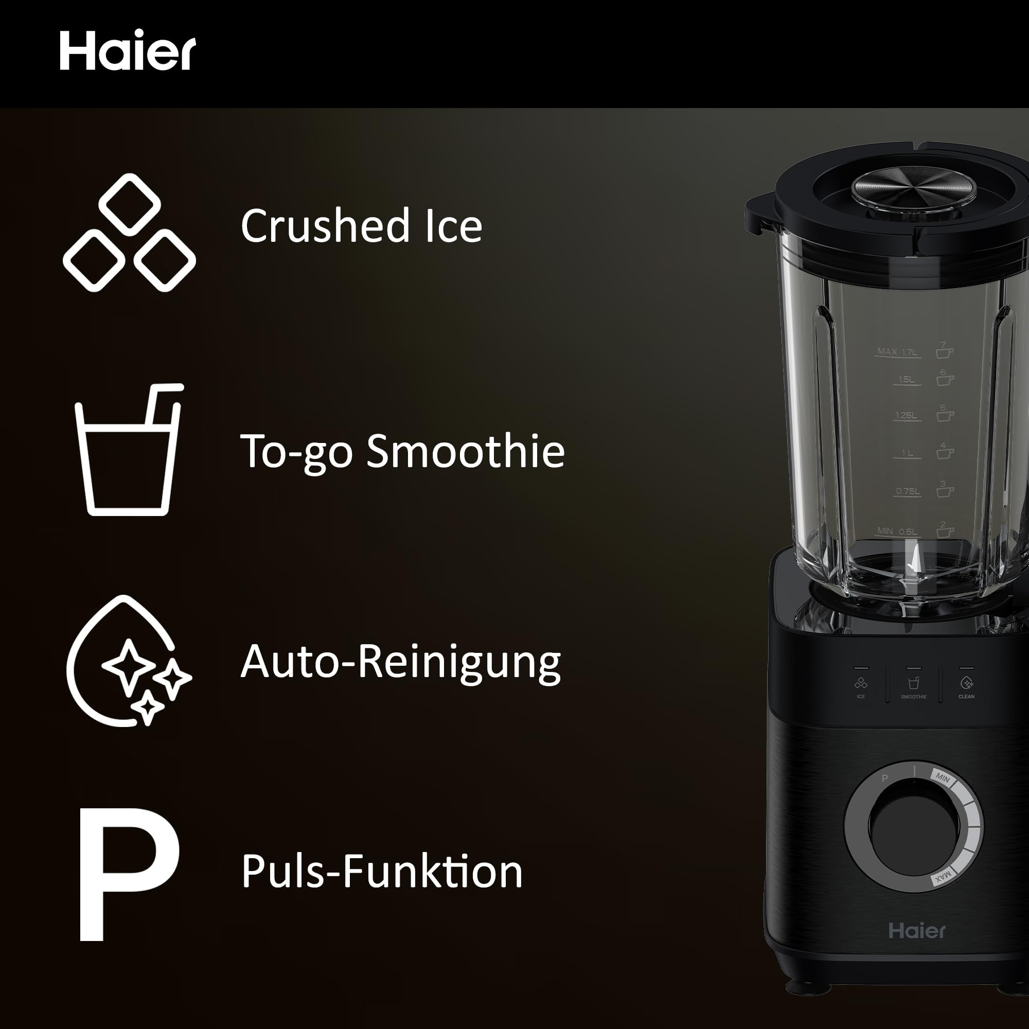 Haier Mixer mit Ice-Crush-Funktion & Smoothie Maker, 1200W I Standmixer mit 1,7L Glasbehälter & 0,6l To-Go-Flasche I Selbstreinigungsfunktion, Spülmaschinenfest & 5 Geschwindigkeiten [Serie 5-HBL5B2]