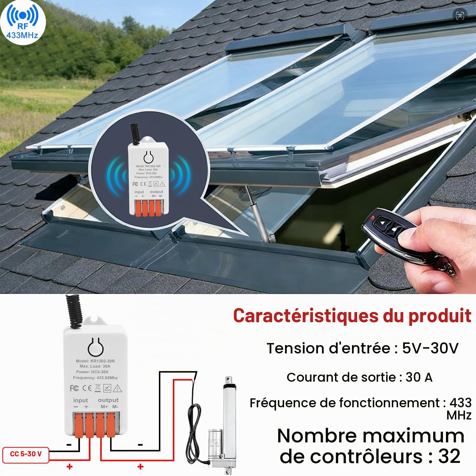QIACHIP DC 5V/12V/24V Commutateur de télécommande Moteur 30A Relais Récepteur Module sans fil RF avec 2 émetteurs pour porte de garage,volet roulant,rideaux électriques,moteur avant-arrière