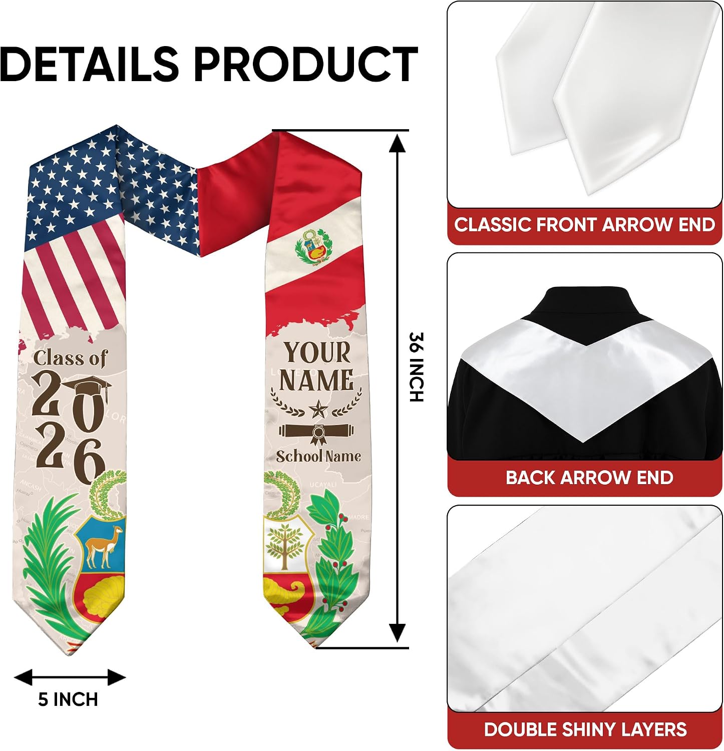 Customized Peruvian Graduation Stole, Peru Stole, Custom Stoles for Graduation 2026, Class of 2026 Sash