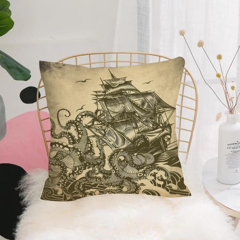 HYOSXW Cushion Cover,Throw Pillow Case Home Decorative for Living Room Bedroom Sofa Chair 16X16 Inch,l,Ocean Sail Boat Waves and Octopus Kraken Tentacles Home Art Sepia Print,Green,Pillowcase 40X40cm