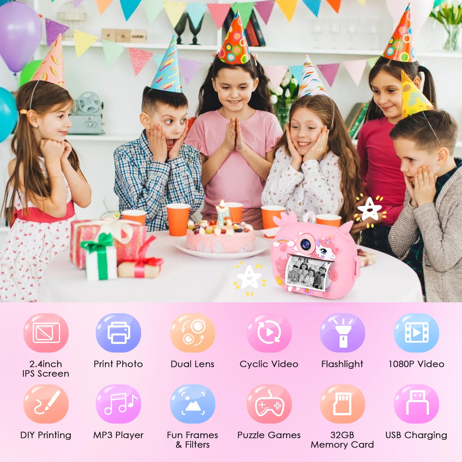 Macchina Fotografica Istantanea per Bambini, 2,4 Pollici 1080P Fotocamera Selfie Digitale con 32GB Scheda e Carta Fotografica, Regali di Natale da 3-12 Anni (Rosa)