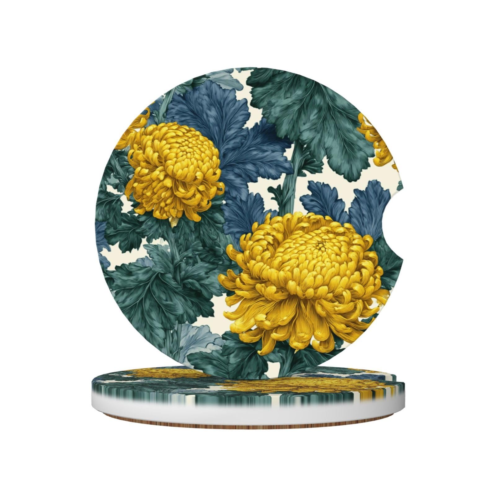 Yellow Flowers Green Leaf Pattern Ceramic Coasters,2pcs